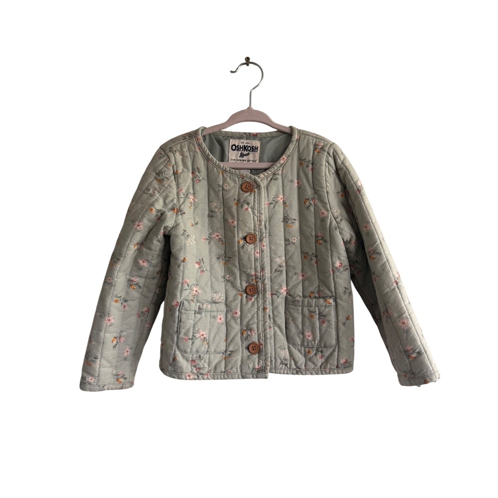 OshKosh Bgosh Girls 4T Sage Green Floral Quilted Jacket Button Front Pockets
